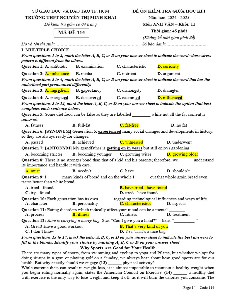 Key - Grade 11 - Sample Test 1 | PDF | Dieting | Weight Loss