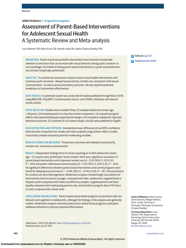 Assessment of Parent Based Interventions For Adolescent Sexual Health ...