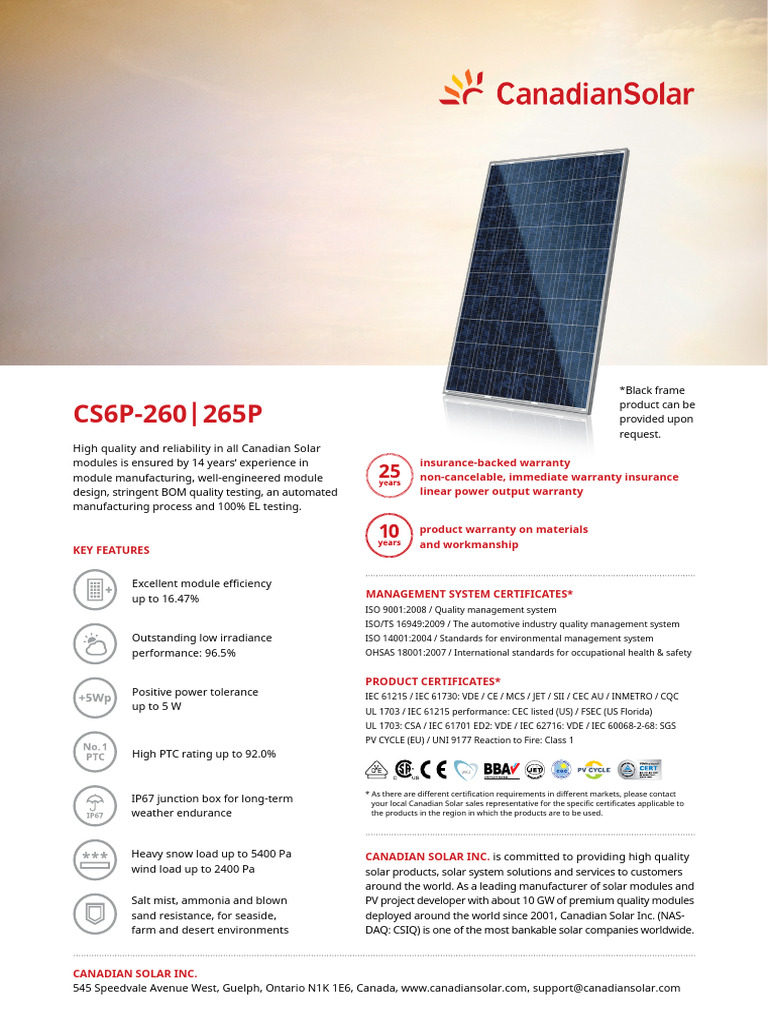 Canadian Solar CS6P-260/265P Module Specs | PDF | Electrical ...