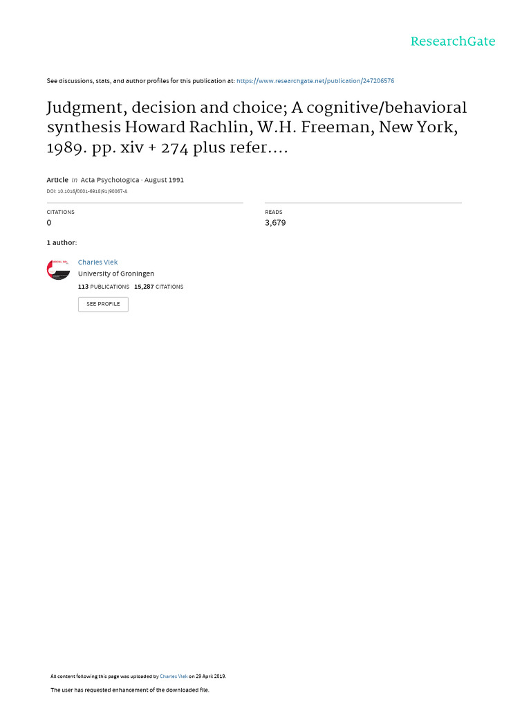Vlek Acta Pychol 1991 77 Bookreview Rachlin | PDF | Behaviorism ...