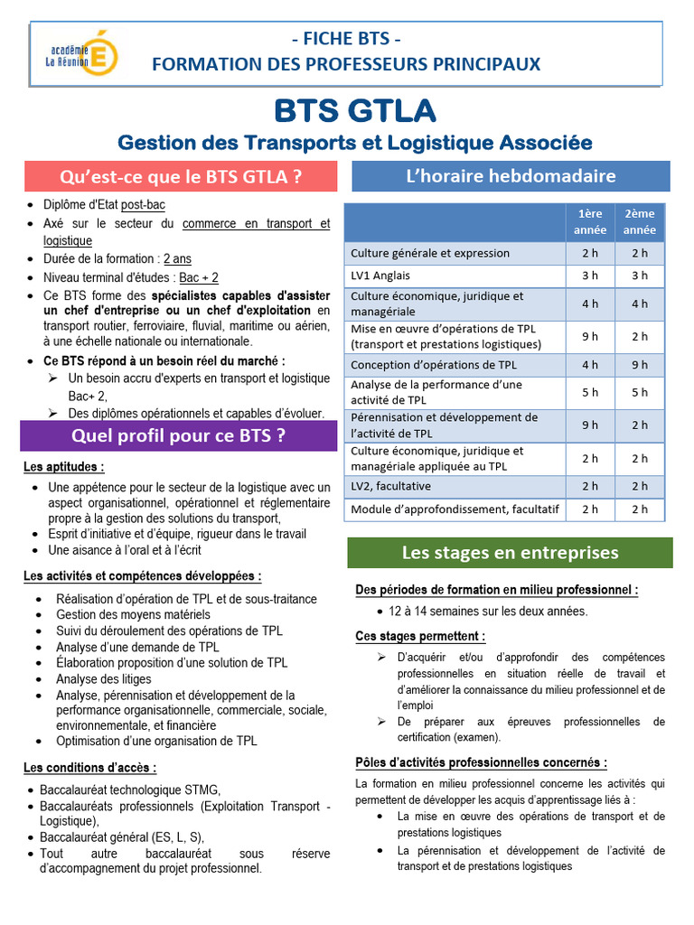 Formation BTS GTLA : Programme et Débouchés | PDF | Logistique | Transport