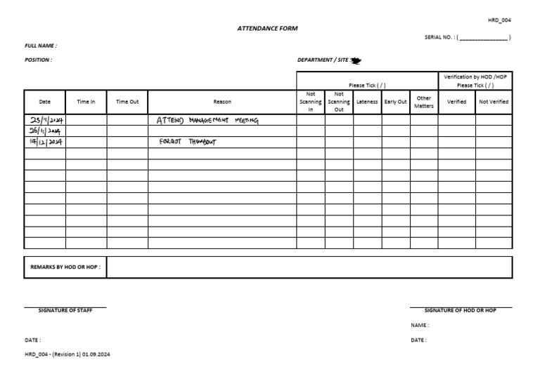 Employee Attendance Form HQ | PDF