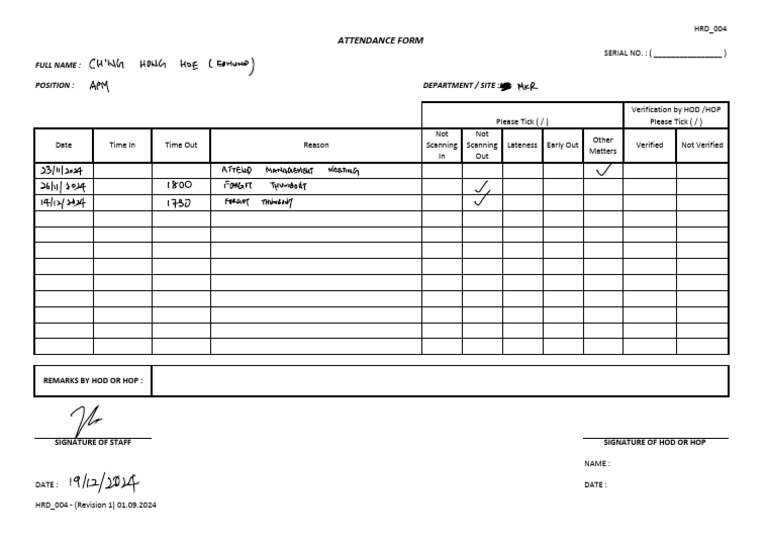 Attendance Form for HRD_004 | PDF