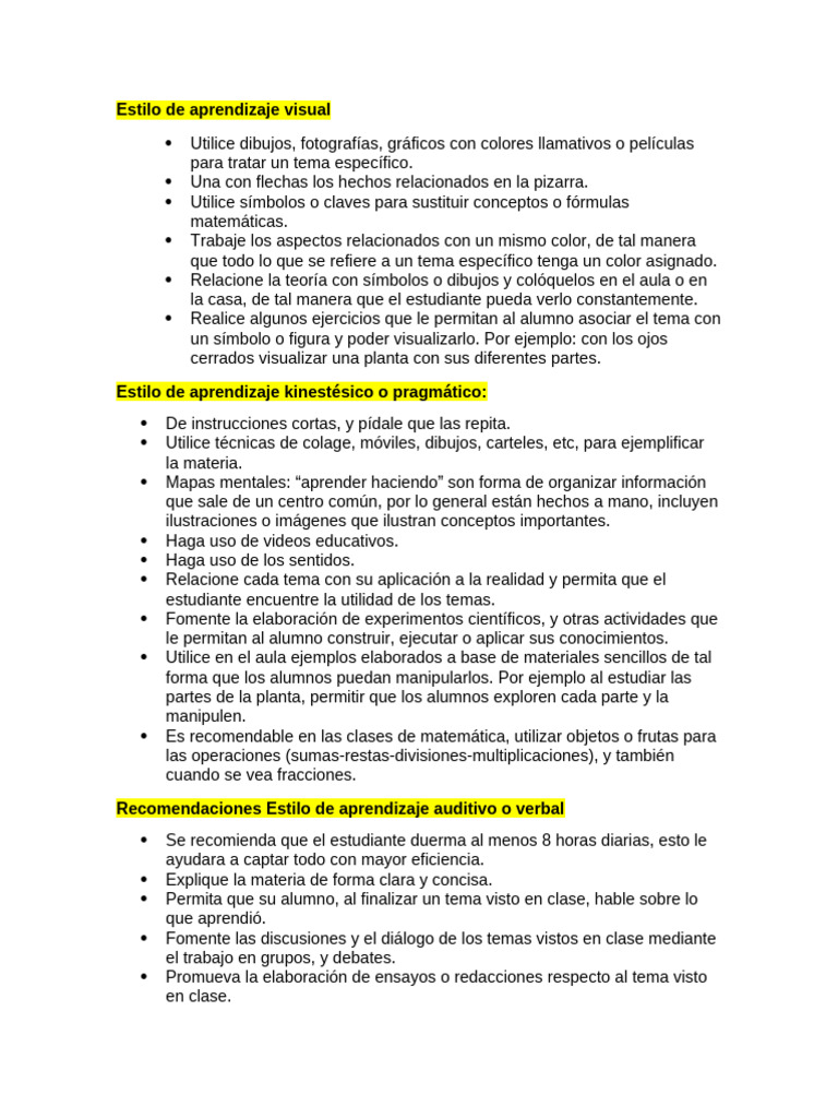 Estrategias para Estilos de Aprendizaje | PDF | Aprendizaje | Salón de ...