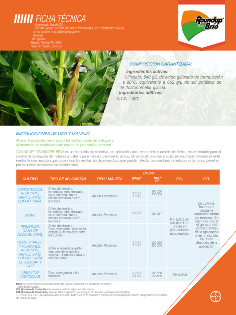 Roundup Brio Bayer Ficha Tecnica Colombia | PDF | Herbicida | Agricultura