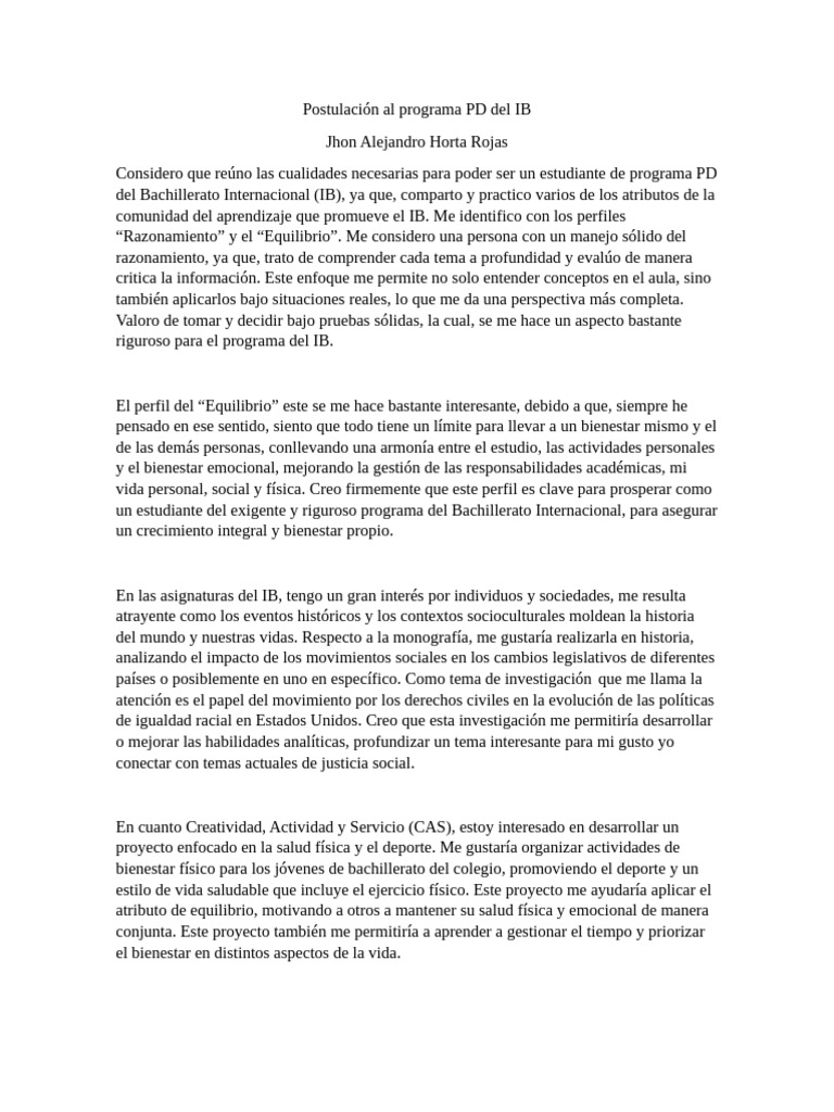 Postulacion Del IB | PDF | Bienestar | Aprendizaje
