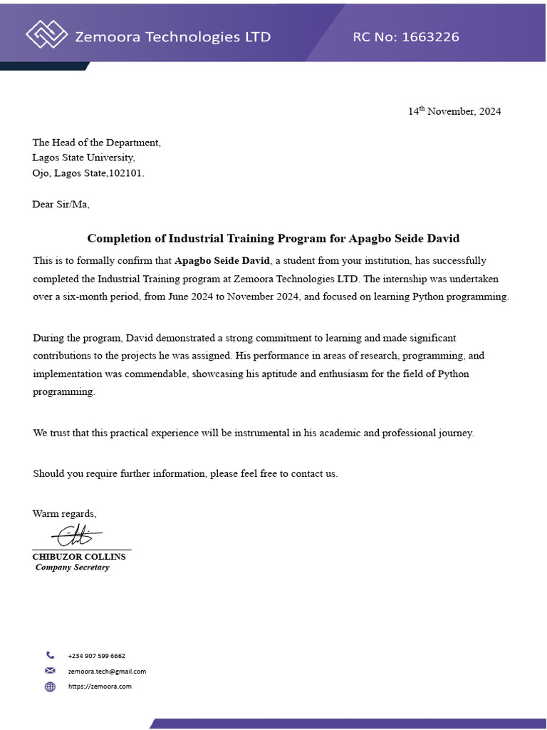 David Completion Letter | PDF