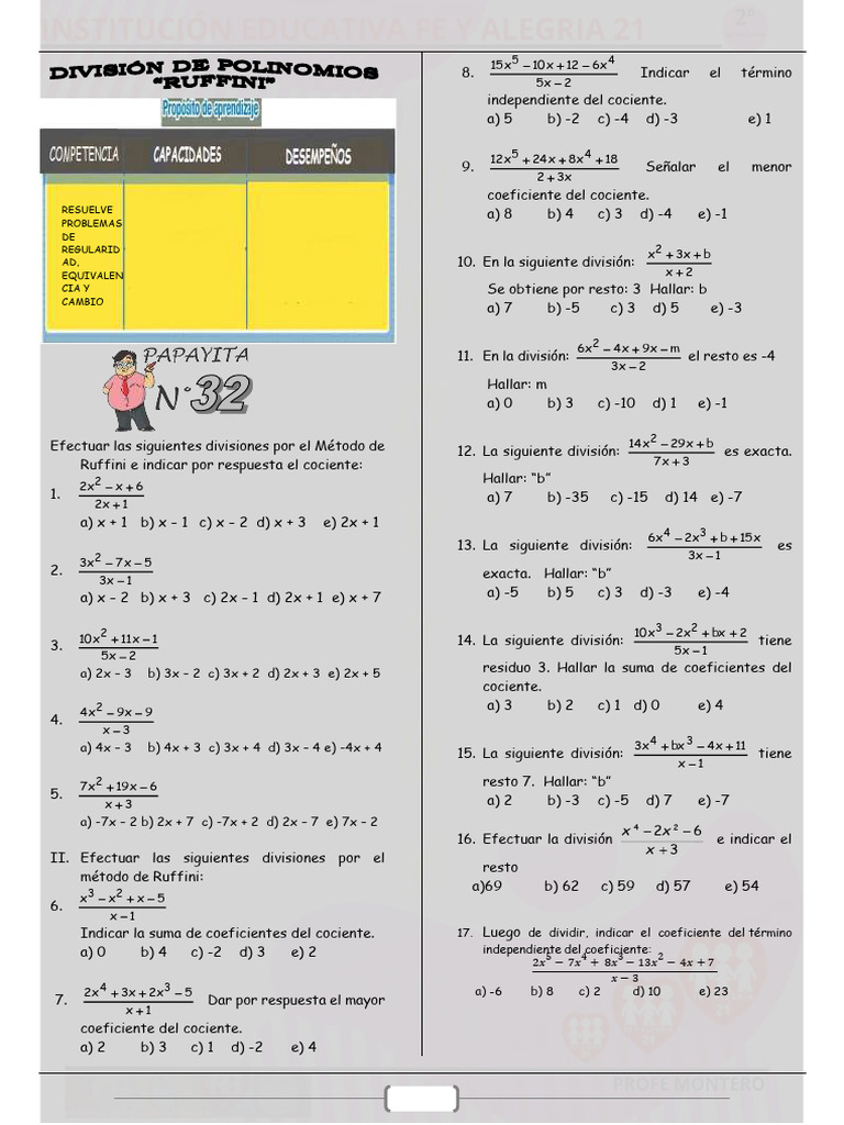 Papayita 32 Division Rufini | PDF | División (Matemáticas) | Matemáticas
