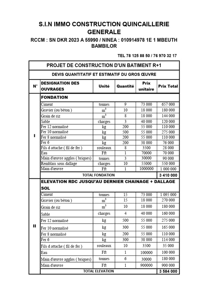Devis de Construction Bâtiment R+1 | PDF | Béton | Génie du bâtiment