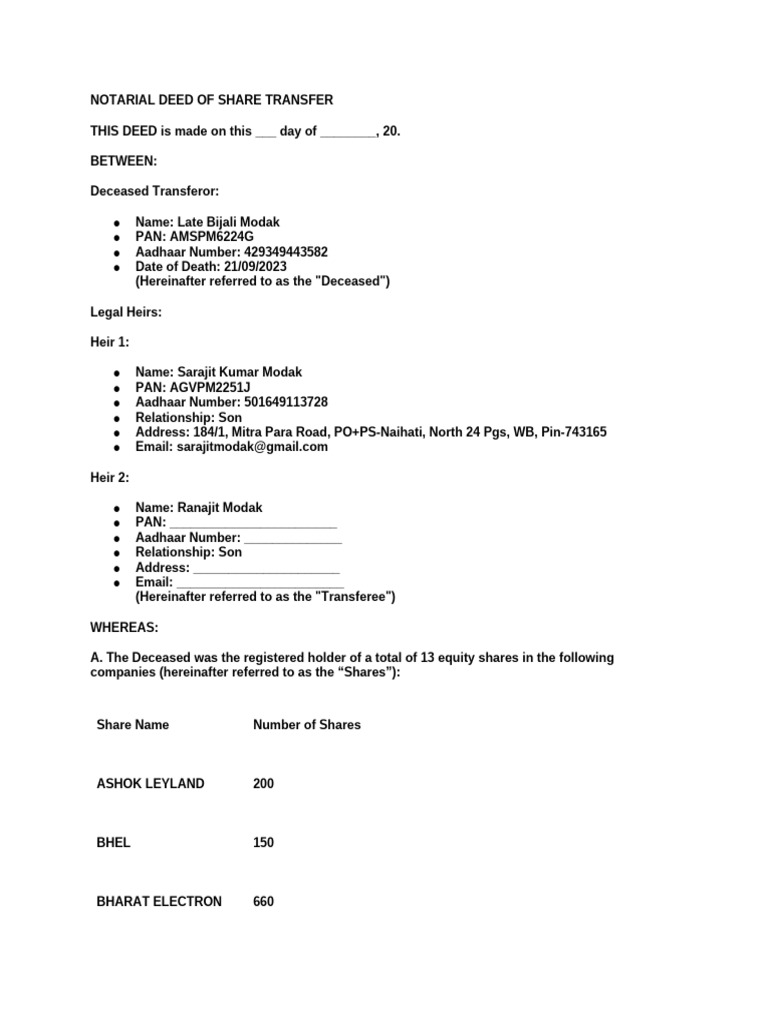 Notarial Deed for Share Transfer | PDF | Deed | Notary Public