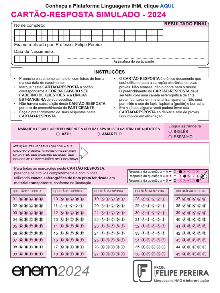 1 Simulado 2024 Cartao Resposta | PDF | Caneta