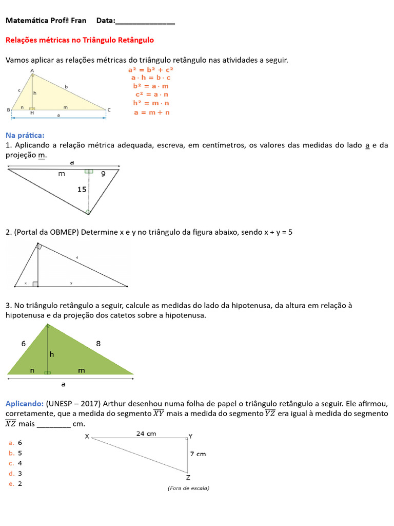 Atividades sobre Relações Métricas no Triângulo Retângulo | PDF