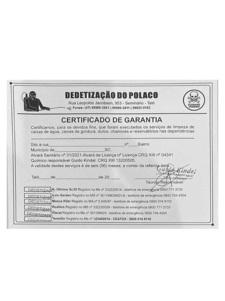 Certificado Dedetização Editável | PDF