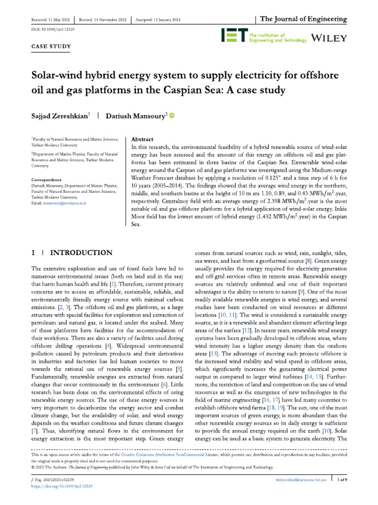 Solar-Wind Hybrid Energy System To Supply Electricity For Offshore | PDF