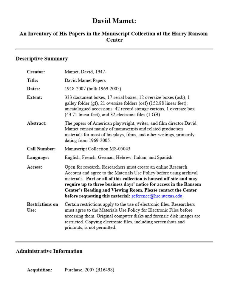 David Mamet:: An Inventory of His Papers in The Manuscript Collection ...
