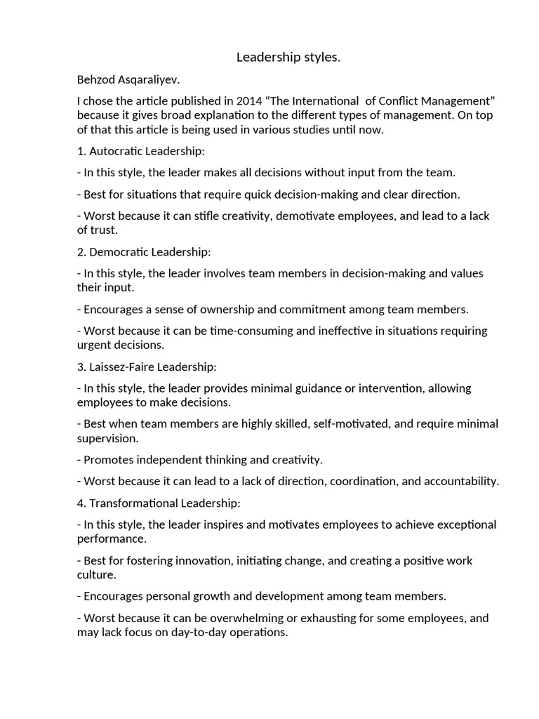 Leadership Styles Pdf Leadership Transformational Leadership