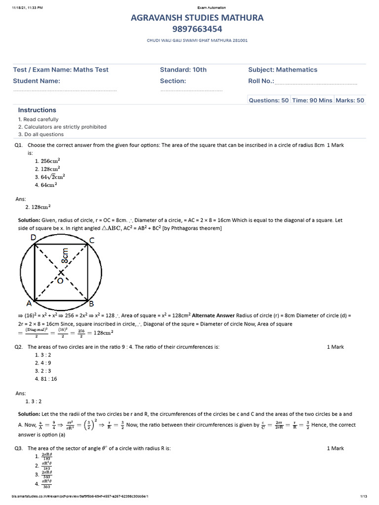 10th Grade Mathematics Exam Questions | PDF | Area | Circle