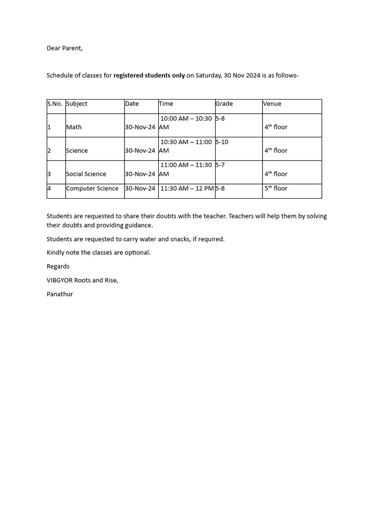 30 Nov-External Exam Support Class Schedule | PDF