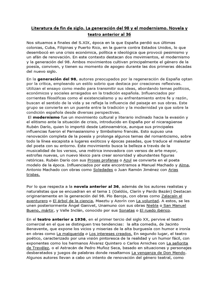 T 2 literatura de fin de siglo la generaci n del 98 y el modernismo