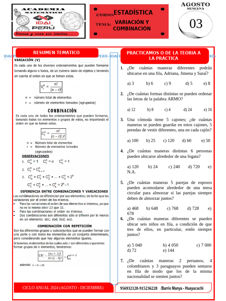 Sem 2 - Estadistica - Permutacion Lineal, Circular y Con Repiticion | PDF