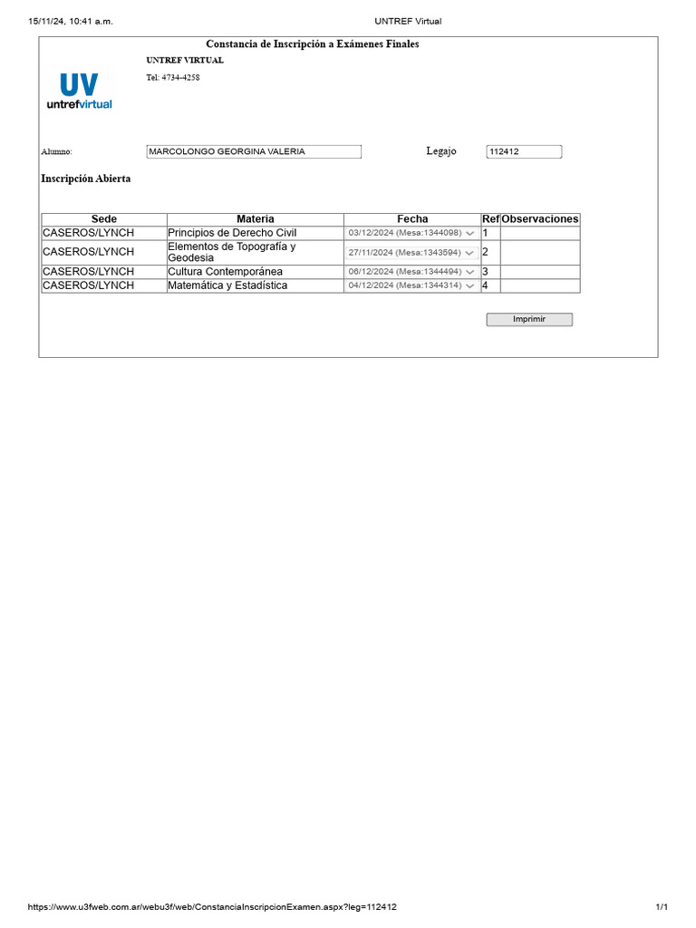 Constancia de Inscripción a Exámenes | PDF