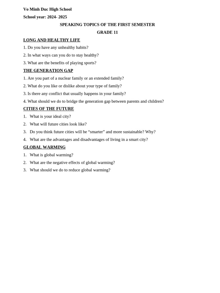 Grade 11 Speaking Topics 2024-2025 | PDF