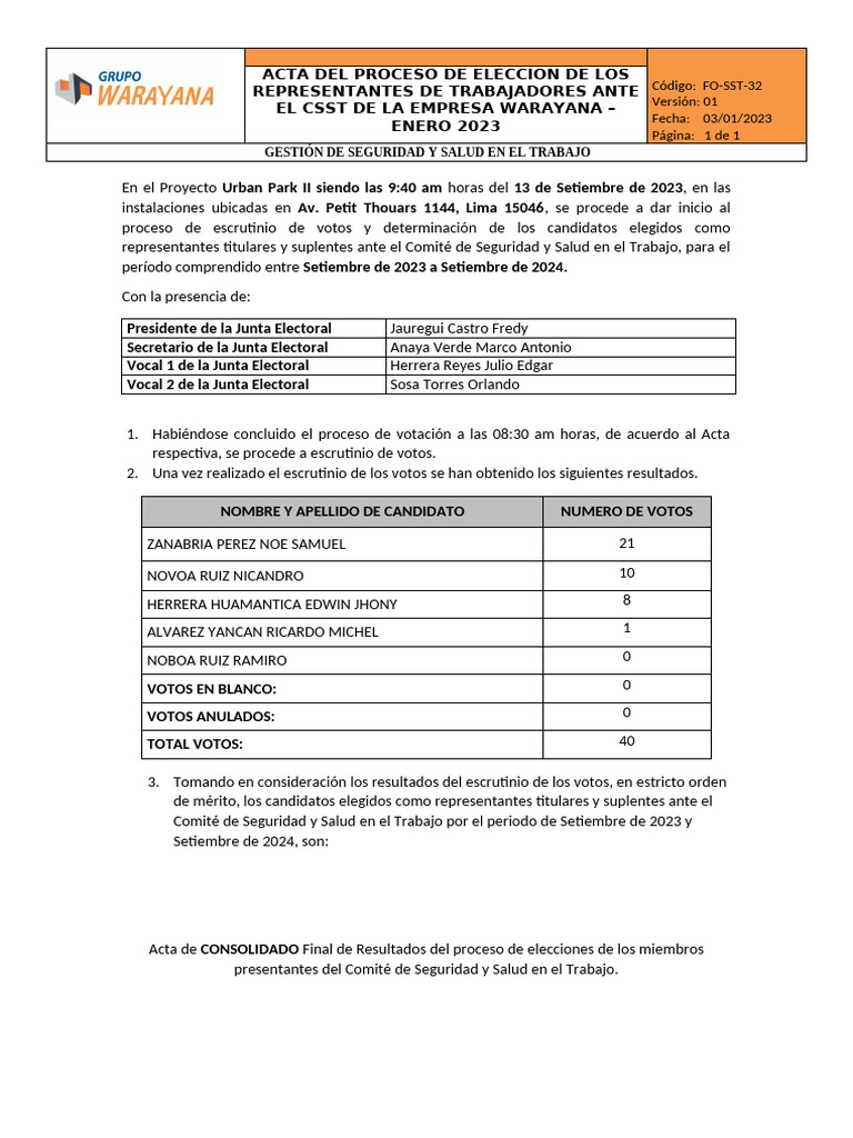 Fo-Sst-32 - Acta Del Proceso de Eleccion de Los Representantes de ...