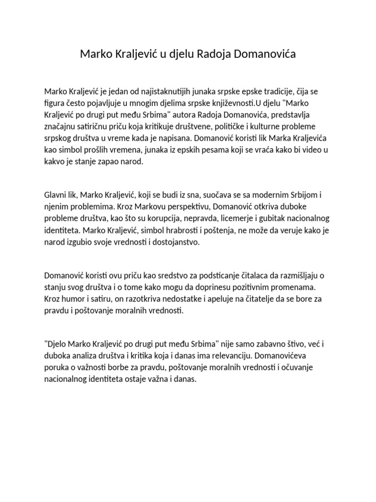 Marko Kraljević U Djelu Radoja Domanovića | PDF