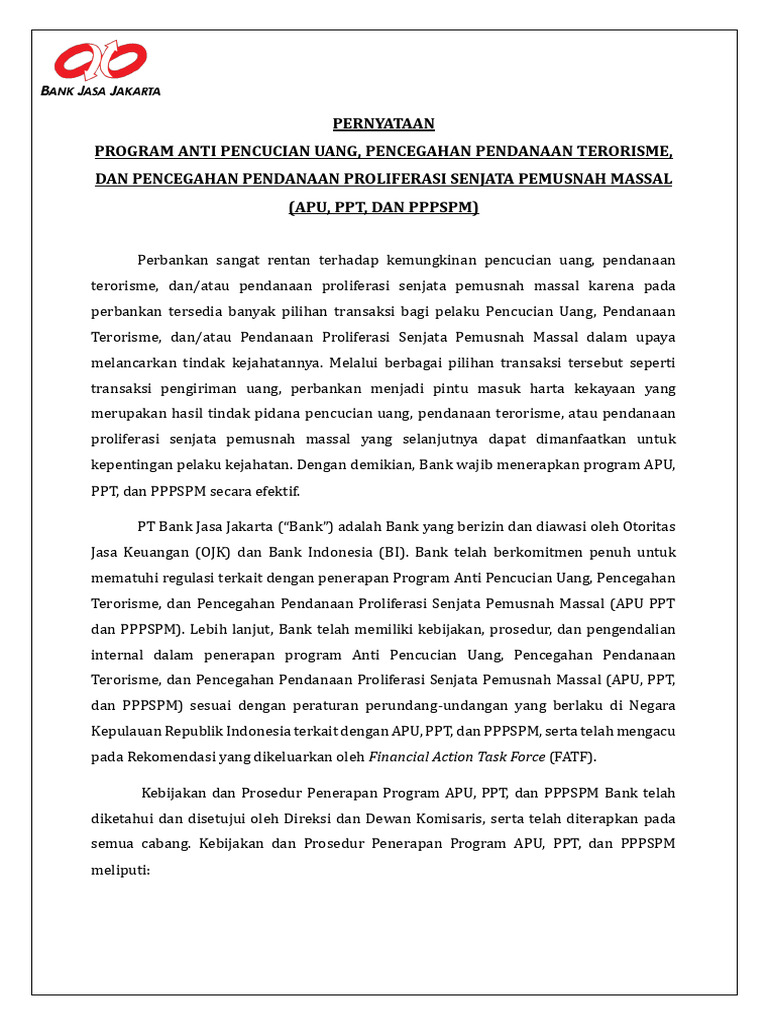 Program APU dan Pencegahan Terorisme Bank | PDF