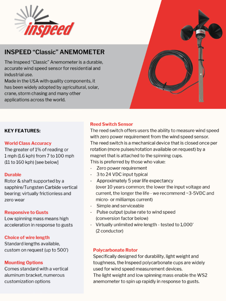 Inspeed Classic Anemometer Data Sheet | PDF