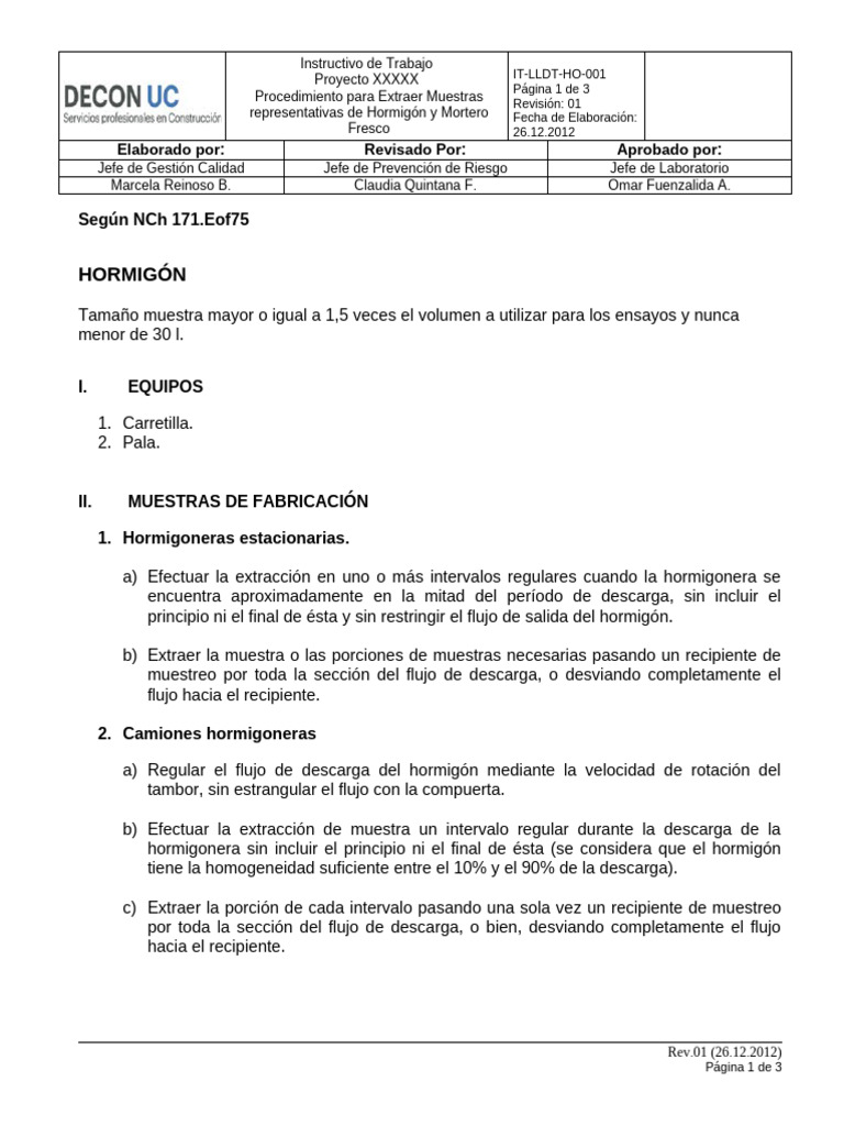 Procedimiento de Muestreo de Hormigón y Mortero | PDF | Hormigón