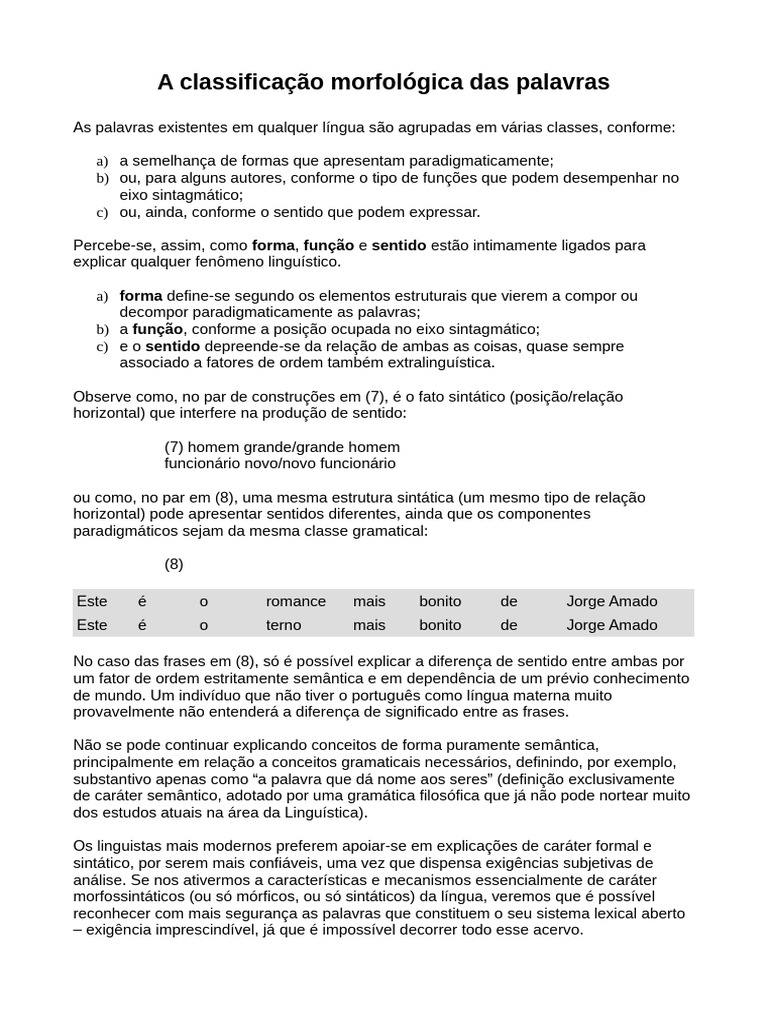 Classificação Morfológica das Palavras | PDF | Palavra | Linguística