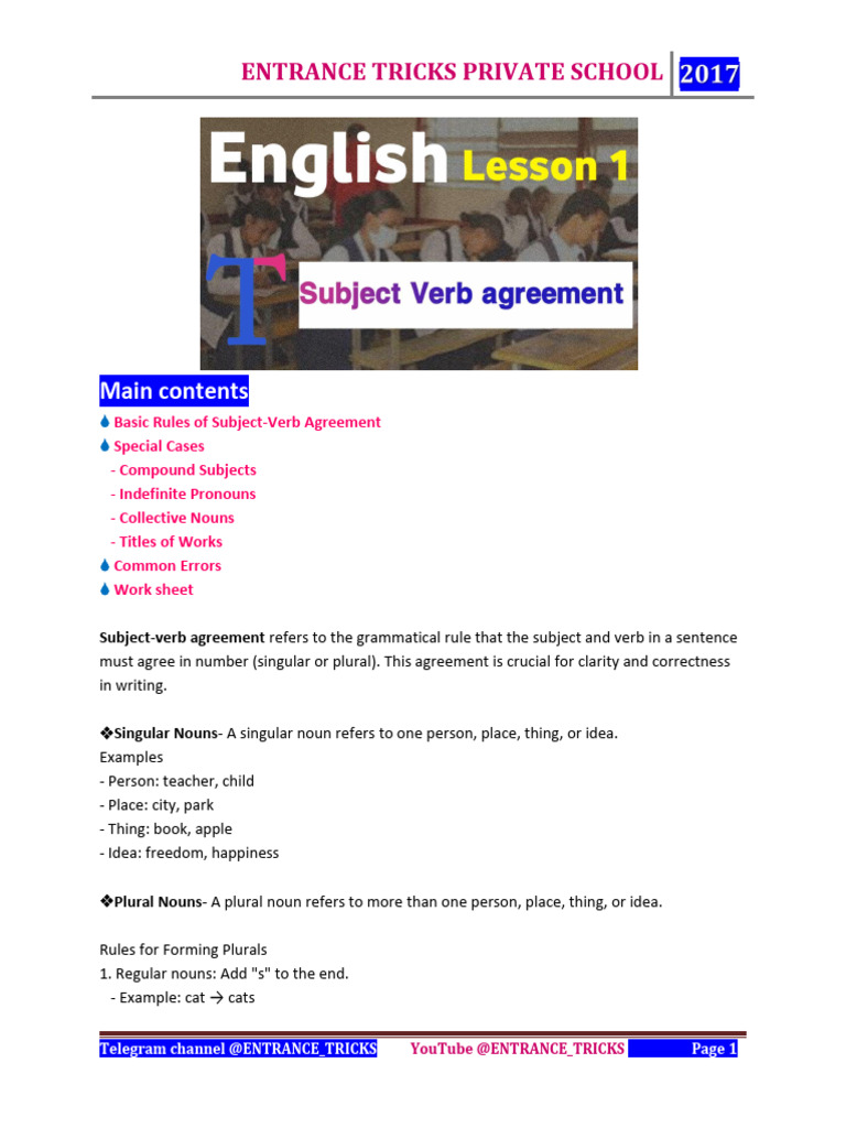 English Lesson 1 - Subject Verb Agreement | PDF | Grammatical Number ...