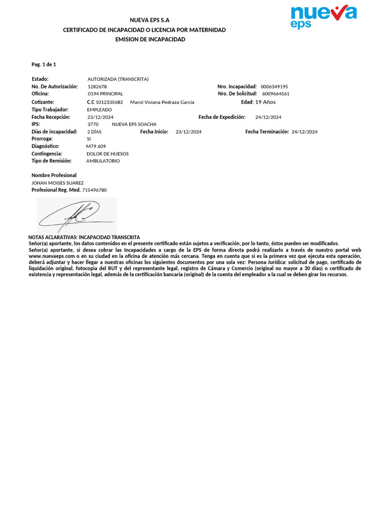 Certificado de Incapacidad Nueva EPS | PDF