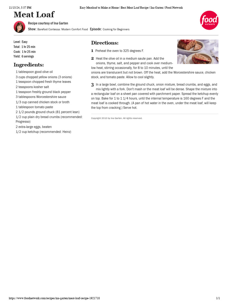 Meatloaf Ina Garten 11 15 24 | PDF | Foods | Cooking