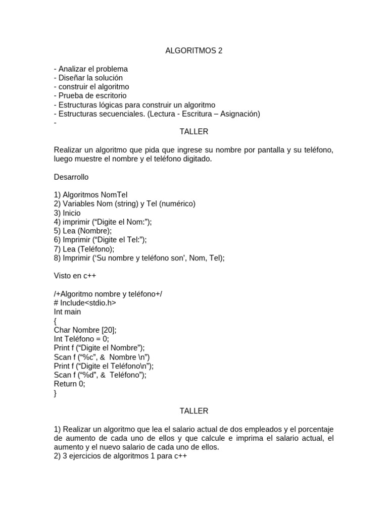 Algoritmos Básicos en C++: Ejercicios y Talleres | PDF