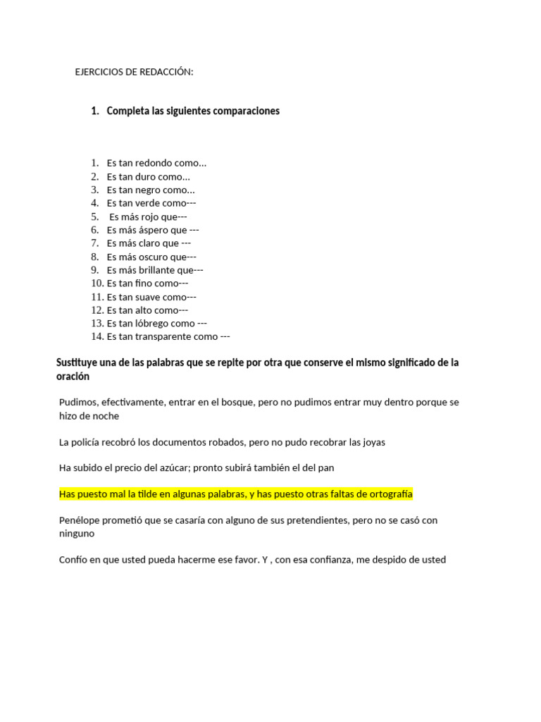 Ejercicios de Redacción para Secundaria | PDF