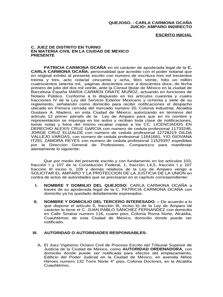 Amparo Indirecto de Carla Carmona Ocaña | PDF | Demanda judicial | Ley ...