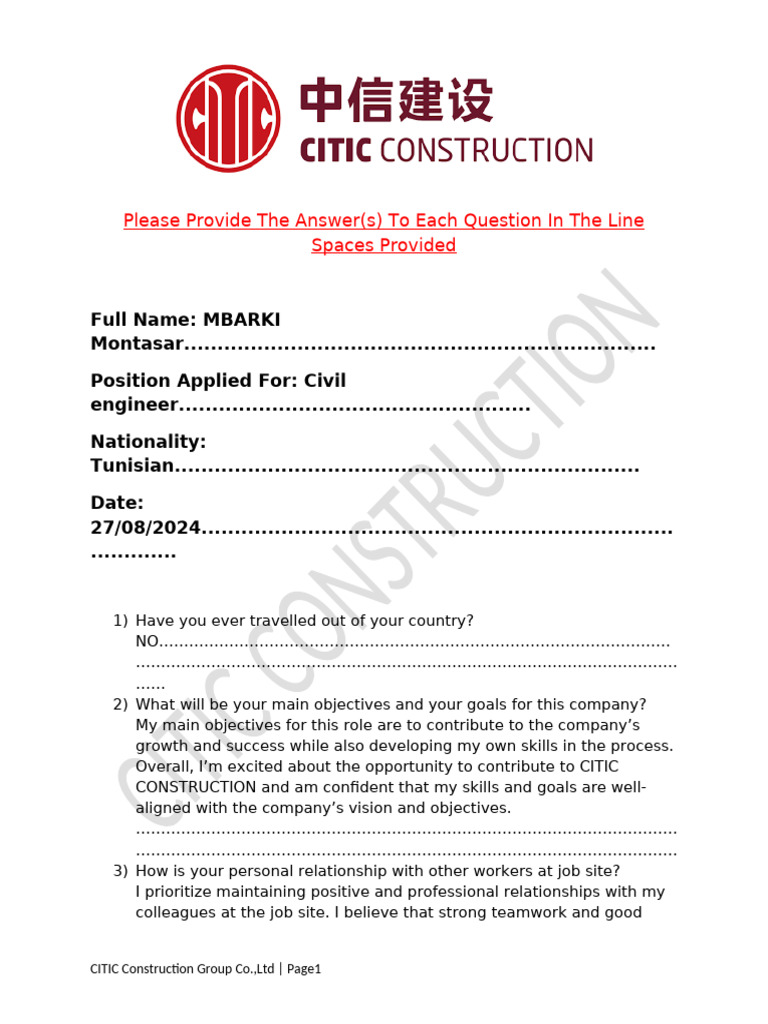 Application for Civil Engineer at CITIC | PDF | Project Management ...