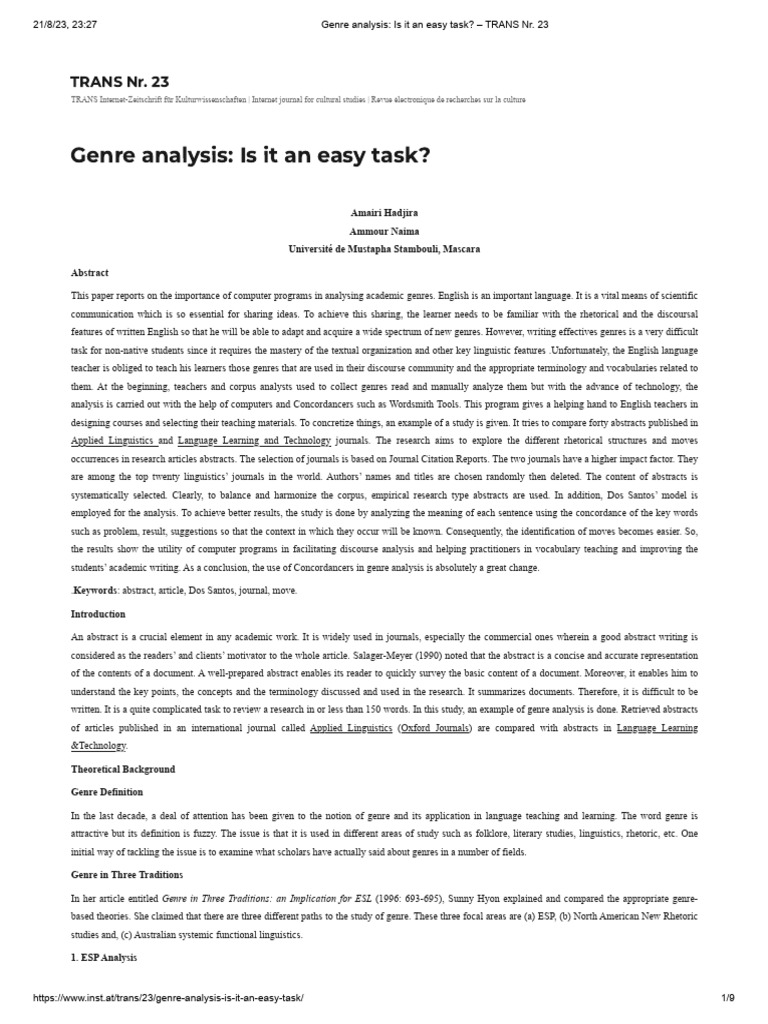 Genre Analysis Is It An Easy Task - TRANS Nr. 23 | PDF | Linguistics ...