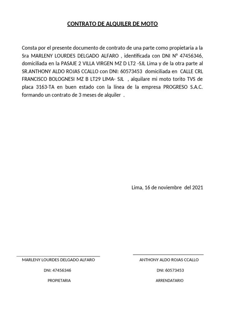 Contrato de Alquiler 123 Tipeo Moto | PDF