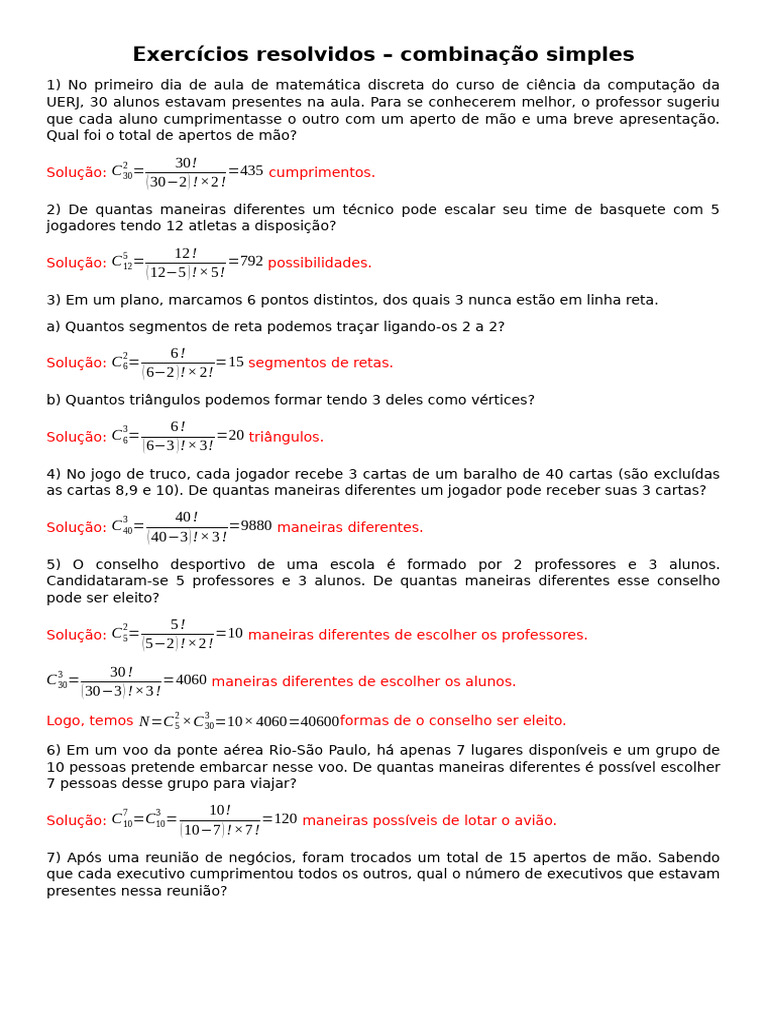 Exercícios de Combinação Simples Resolvidos | PDF