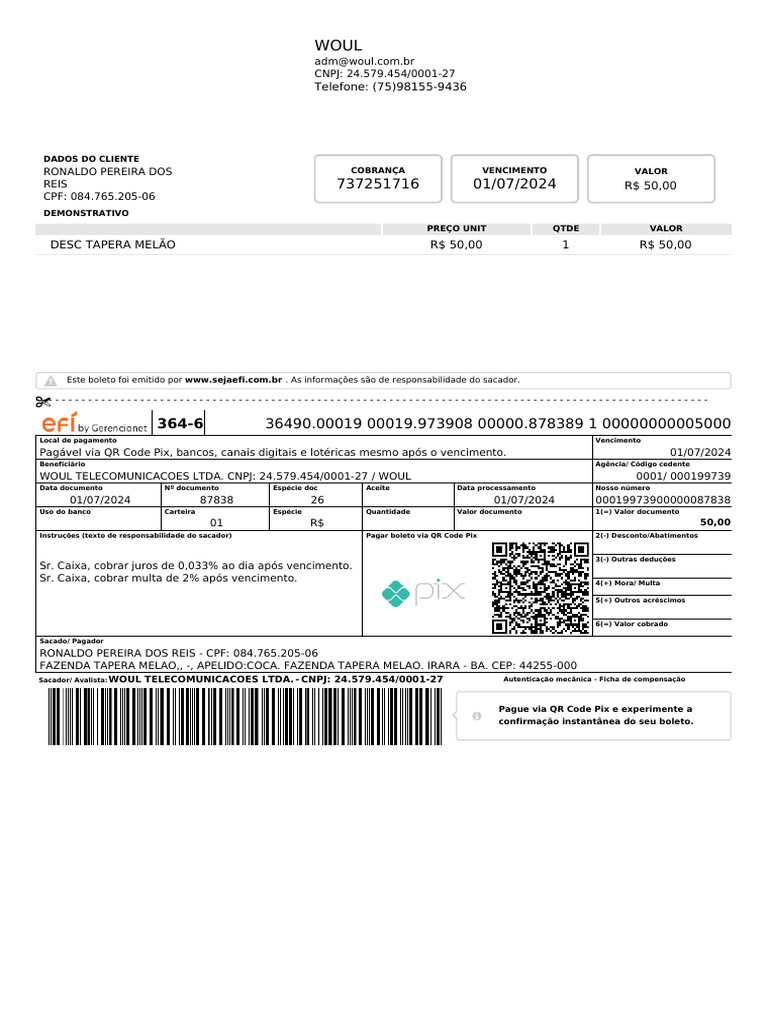 Boleto de Cobrança - WOUL Telecom | PDF | Tecnologia bancária | Pagamentos