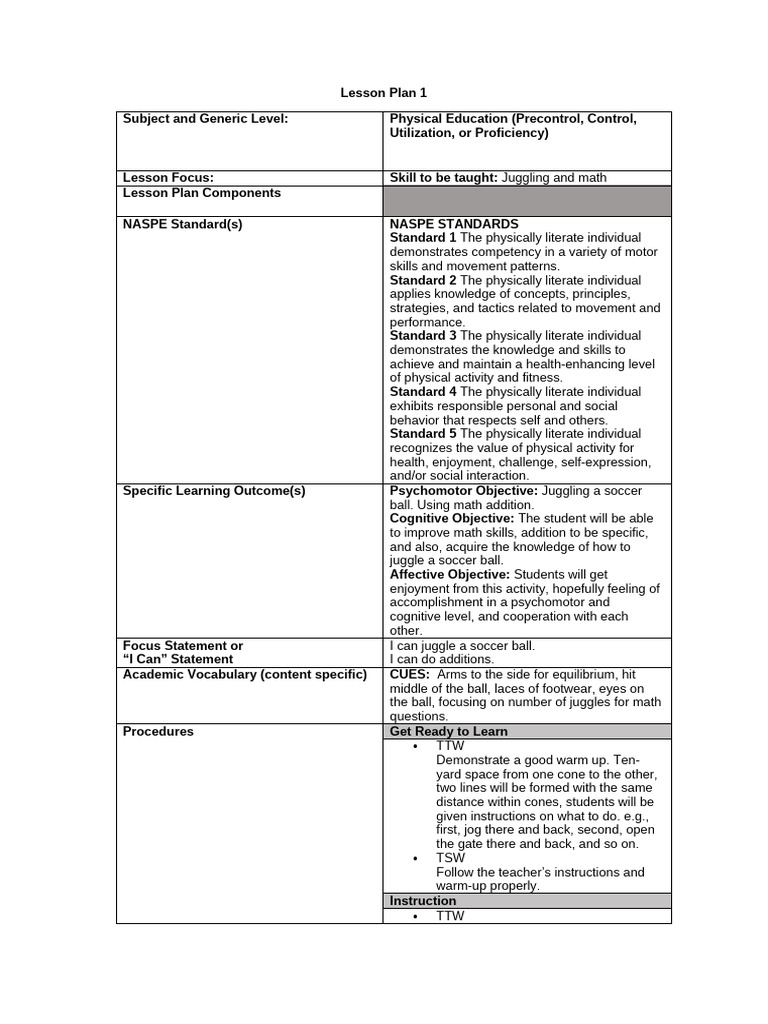 Lesson+Plan+1 | PDF | Lesson Plan | Physical Education