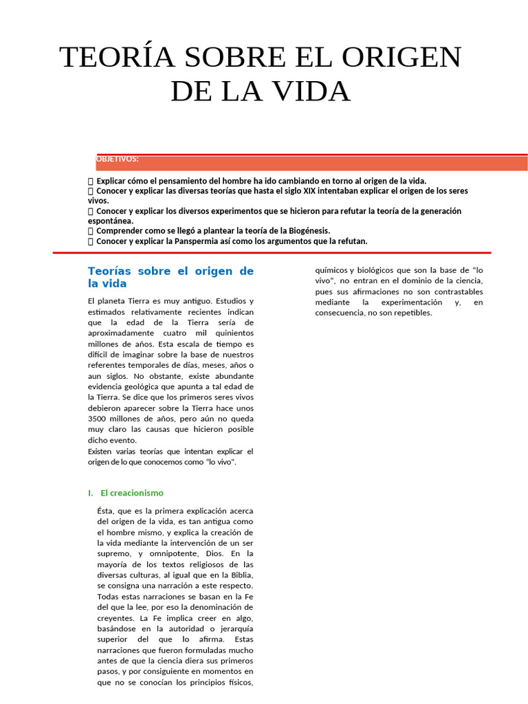 Teoria Sobre El Origen de La Vida para Cuarto Grado de Secundaria | PDF ...