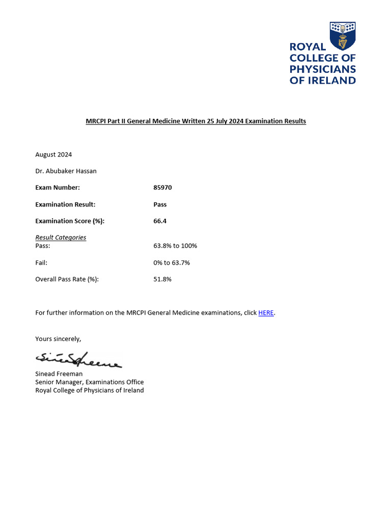 MRCPI General Medicine Exam Results 2024 | PDF