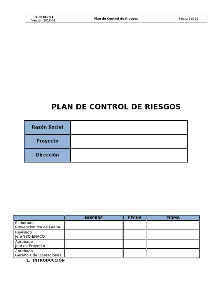 PLPR-M1-01 Plan de Control de Riesgos | PDF