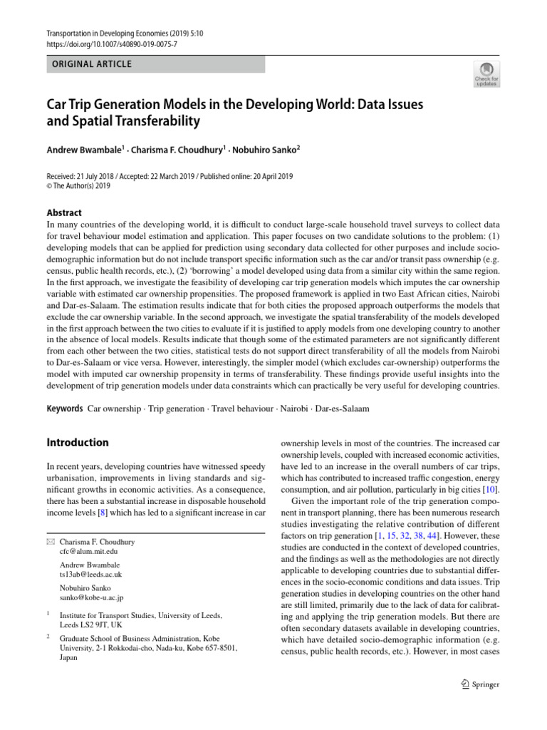 Car trip generation models in the developing world data issues and