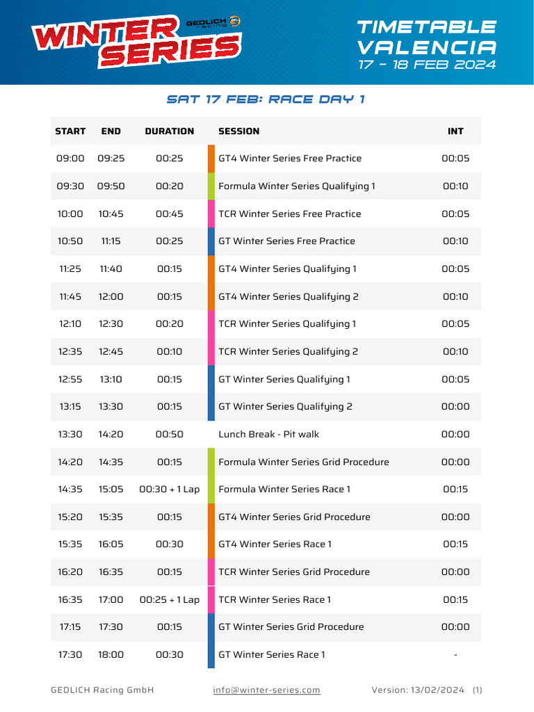 Valencia Winter Series Timetable 2024 | PDF | Formula Racing Series ...