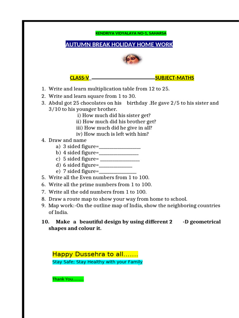 Class 5 Holiday Homework | PDF